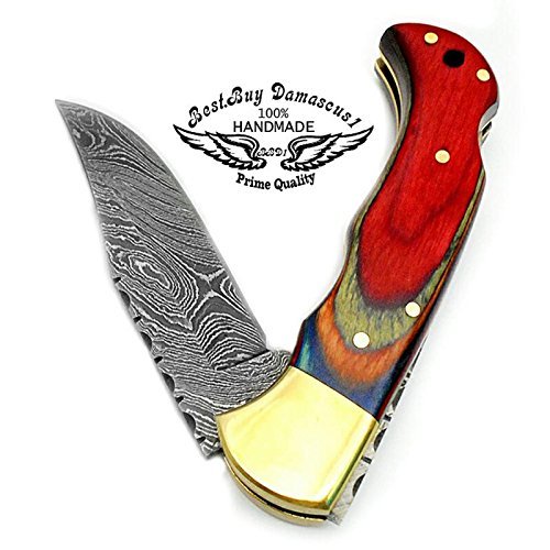 Handmade Damascus Steel Brass Bloster Folding Pocket Knife Multi Color Wood 6.5''