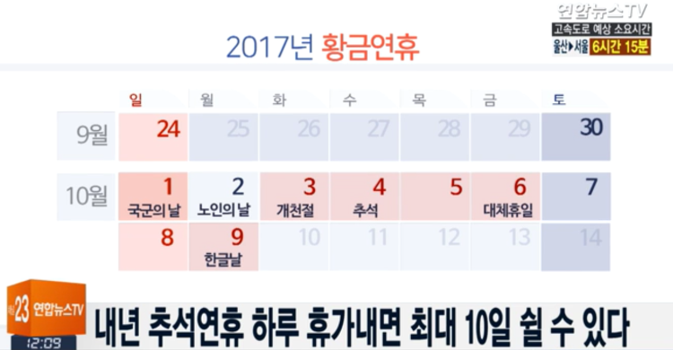 2017 추석 연휴 최대 10일