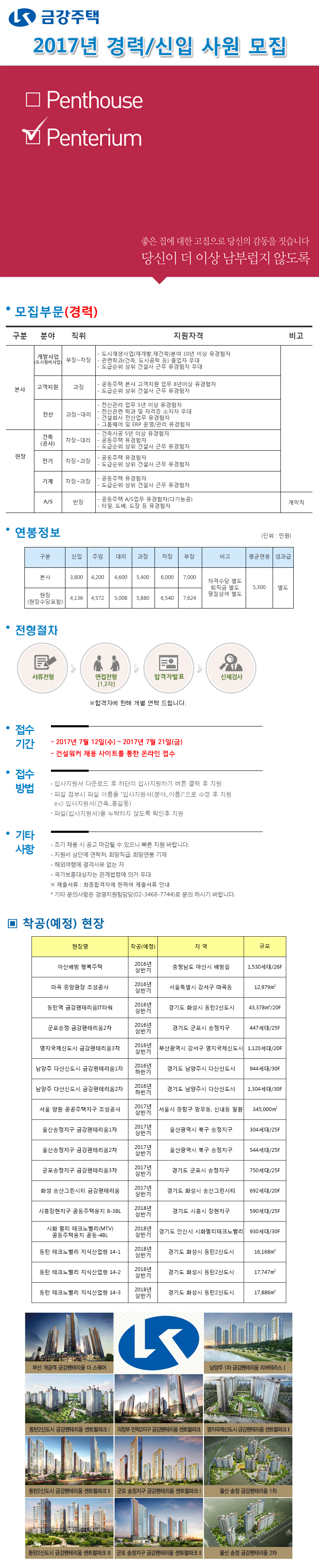 건설취업 금강주택 펜테리움√ 좋은집  경력/신입 구인정보