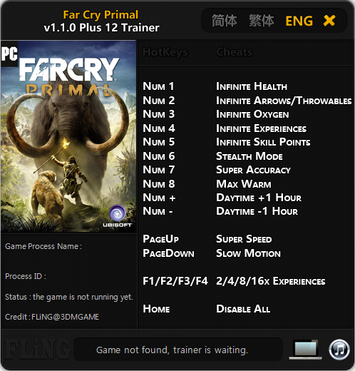 파크라이 프라이멀 트레이너, Far Cry Primal v1.1.0 Plus 12 Trainer Fixed-FLiNG