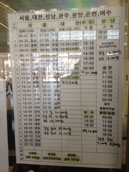 통영 시외버스터미널 시간표(2014년1월기준)