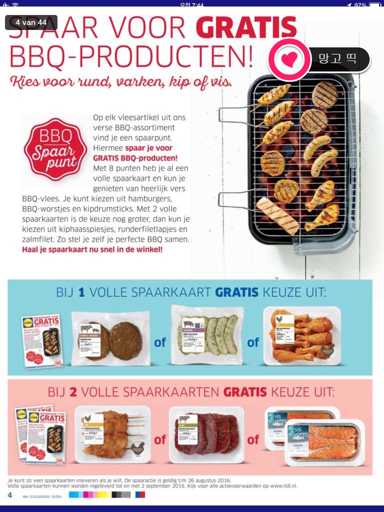 [네덜란드] Lidl마트 BBQ 스티커 모으면 고기 한팩이 공짜!!(2016년5월2일~8월26일)