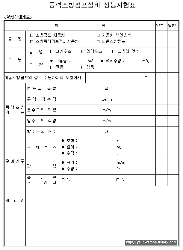 [서식양식] 동력소방펌프설비 성능시험표 (DOC)