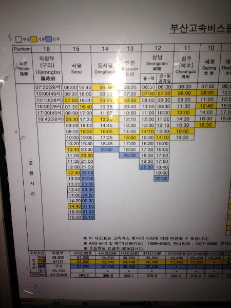 부산 노포동 고속버스터미널 시간표(2014년 3월기준)
