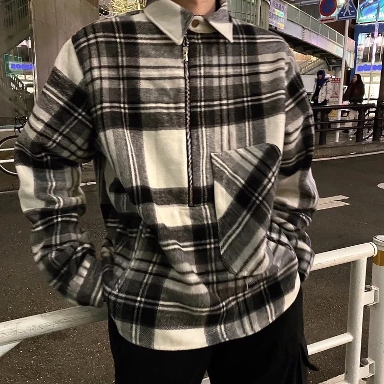 [WE11DONE] 웰던 체크 블랙 패턴 셔츠 집업 카라 아노락 자켓