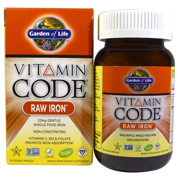 아이허브 철분제 추천 Garden of Life, Vitamin Code, RAW Iron, 30 식물성 캡슐 후기와 정보