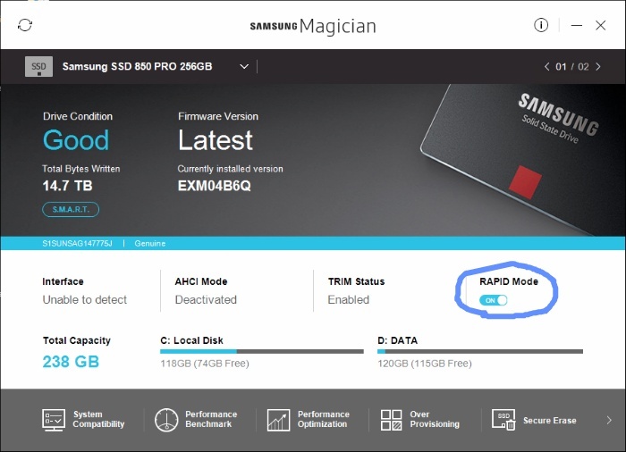 Samsung 850 SSD - RAPID 기능 (속도향상)