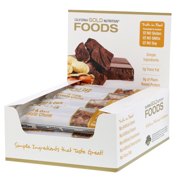 아이허브 헬스 프로틴바 California Gold Nutrition Foods 땅콩 & 다크 초콜릿 청크 스낵바 12 개입 후기