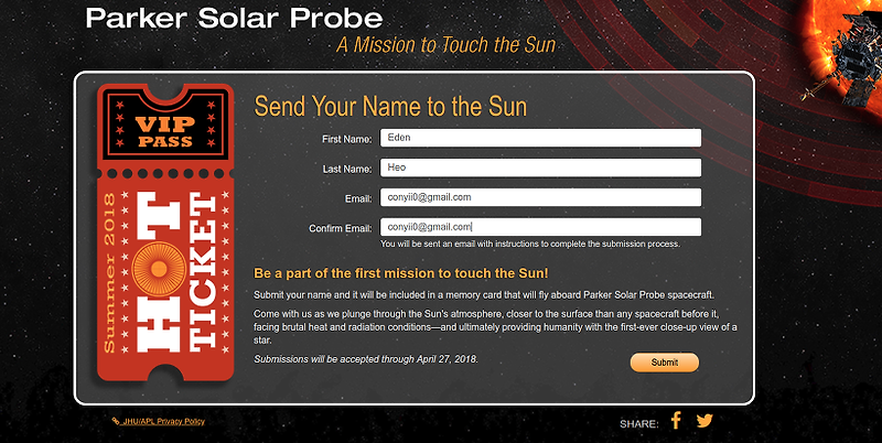 NASA 에서 진행 하는 태양에 내 이름 보내기 아이들에게 신청 해주세요.