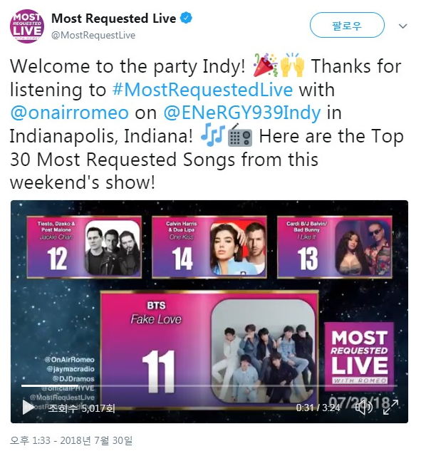 [영상] 미쿡 라디오 Most Requested Live 트윗...  이번 주예기 쇼에서 가장 많이 요청된 곡 Top 30입니다니다!......... 방탄소년단(BTS) 봅시다