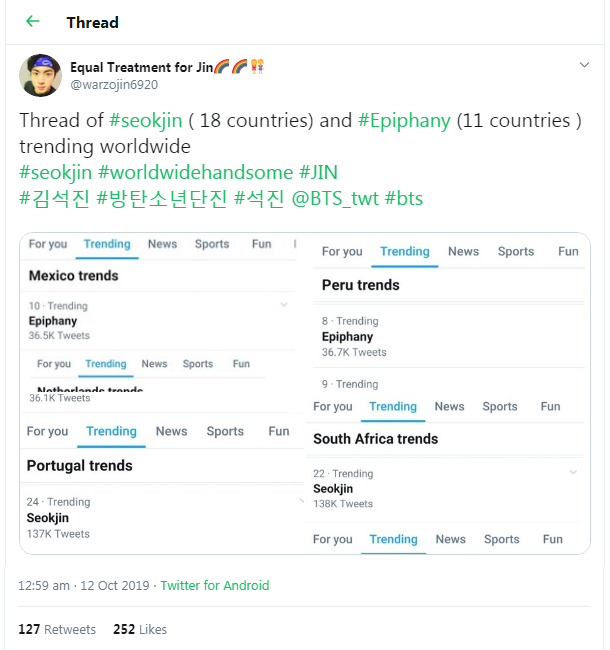 방탄소년단 진 | Seokjin, Epiphany Trended in 하나8 countries During Speak Yourself in Saudi Arabia [하나9하나0하나하나] 알아봐요