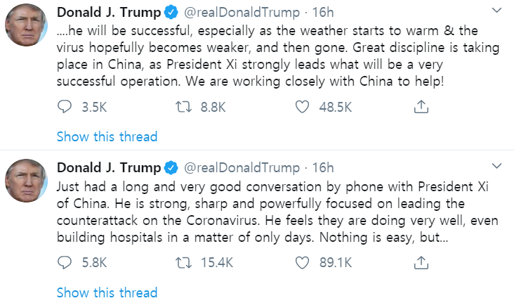 트럼프 시진핑 통화 - 차이나 시주석 우한폐렴 대처 의문없어...차기대선 때문에 부정적 반응 자제하과인? 알아봐요