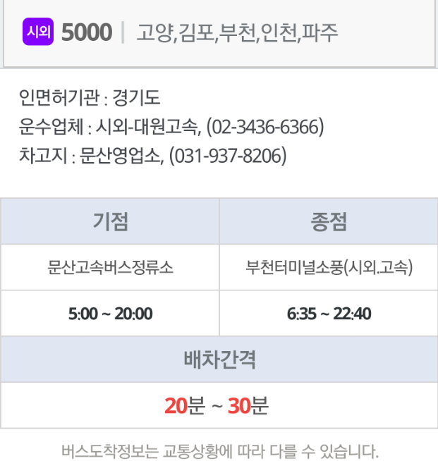 파주 5000번 버스 소풍터미널(부천)<-인천,김포,파주->문산 고속버스 정류소