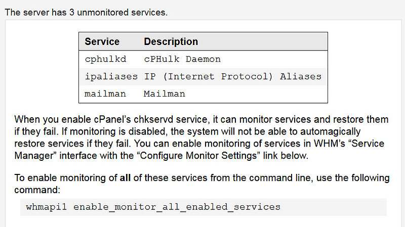 블루호스트 cPanel 알림 메시지 - The server has 3 unmointored service