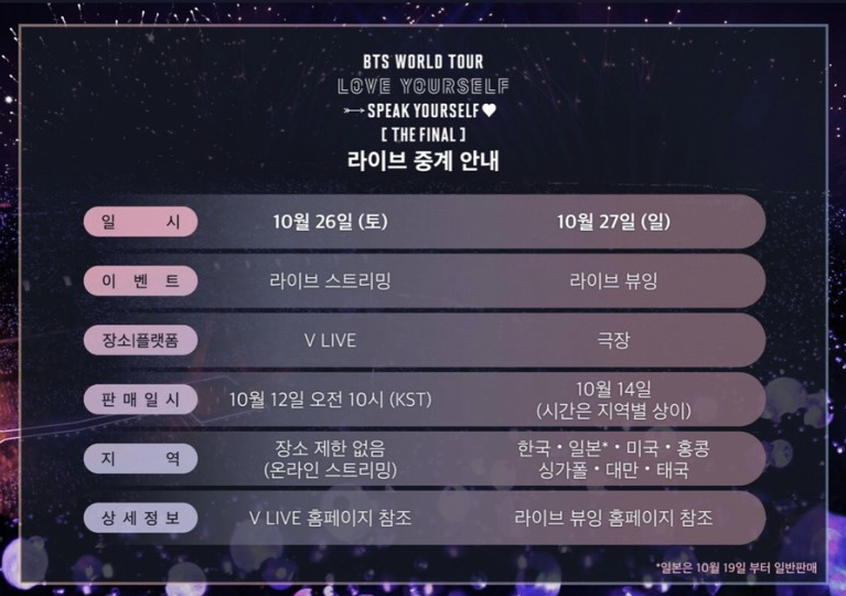 BTS WORLD TOUR 'LOVE YOURSELF: SPEAK YOURSELF' [THE FINAL] 라이브 중계 안내 좋은정보