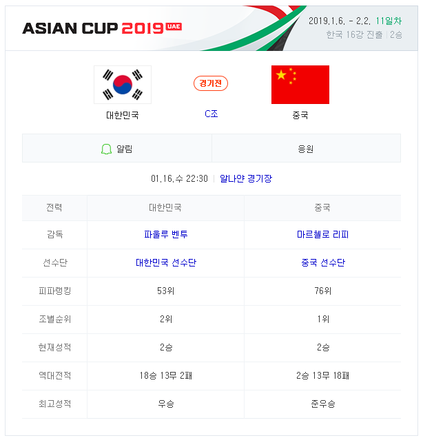 한국 중국 축구 중계 [2019 아시안컵] 안내