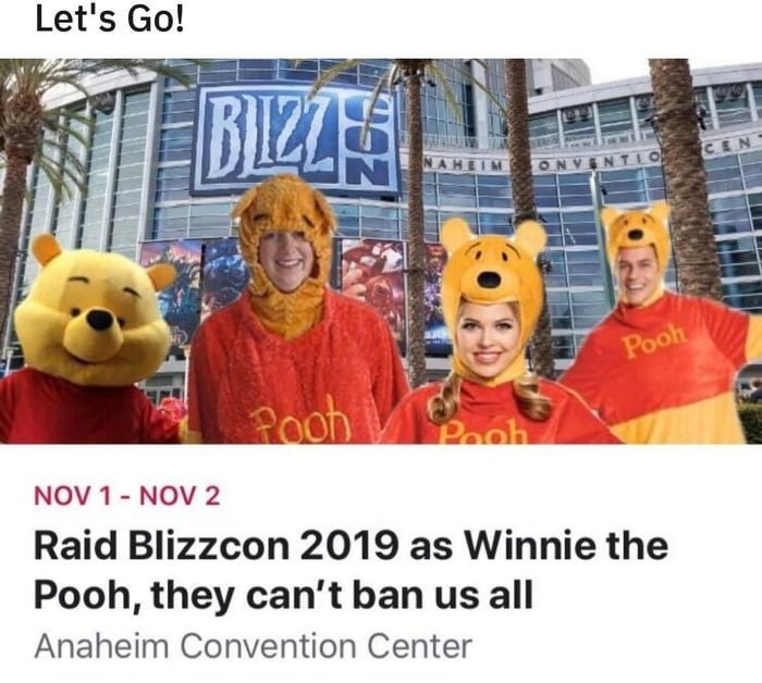 2019 블리츠컨(블리자드 게임 행사)에 곰돌이 푸 코스튬 입고 참석하려는 사람들