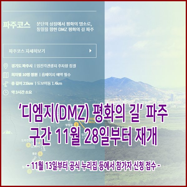‘디엠지(DMZ) 평화의 길’ 파주 구간 11월 28일부터 재개