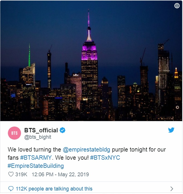 [E!online] The Empire State Building Turned Purple in Honour of BTS (05.21.19) 좋은정보