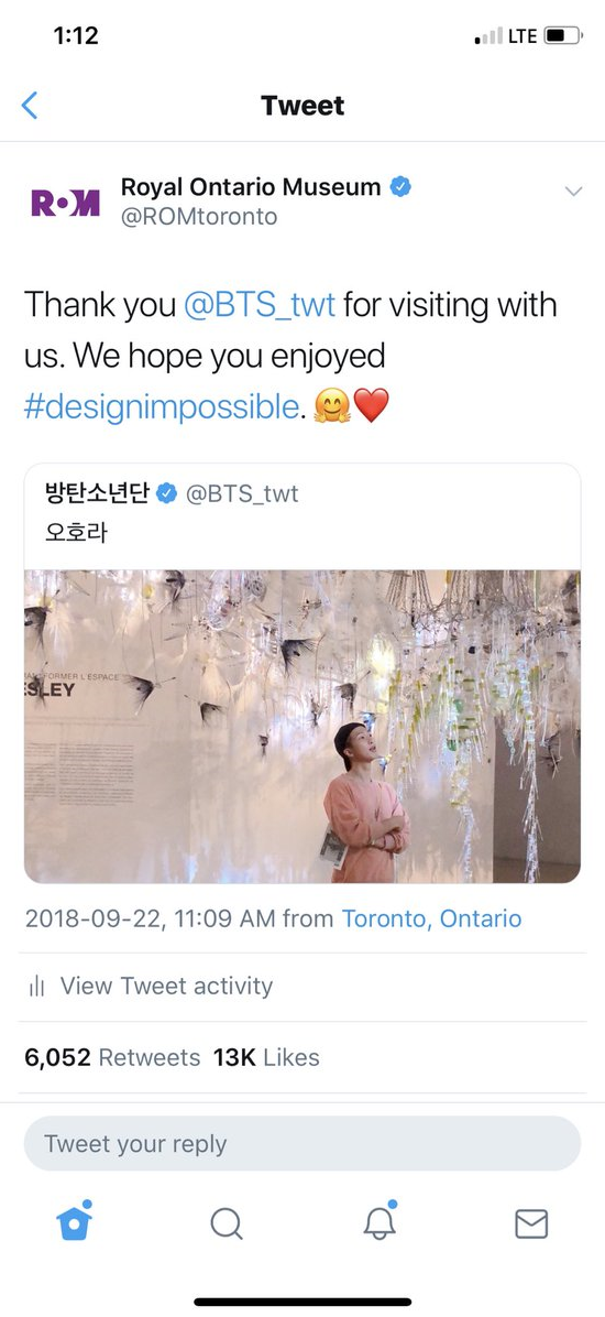 [소식] 로열 온타리오 박물관(Royal Ontario Museum) 트윗.. BTS 팬은 k-pop 티켓을 제시하면 #DesignImpossible 을 20Percent 할인 재공 대박