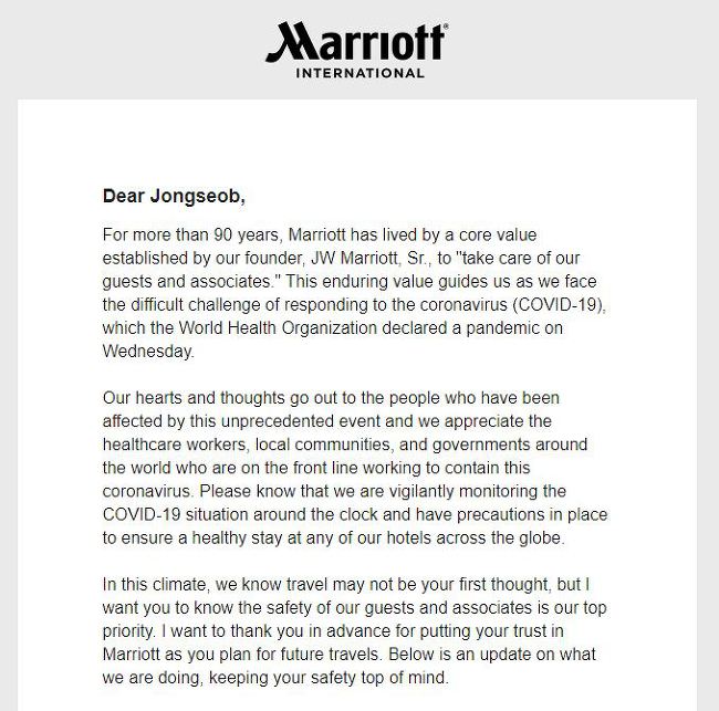 코로나19 관련 메리어트 CEO 공지, Marriott A message from our CEO