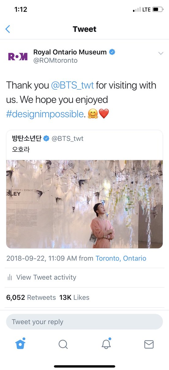 [소식] 로열 온타리오 박물관(Royal Ontario Museum) 트윗.. BTS 팬은 k-pop 티켓을 제시하면 #DesignImpossible 을 20% 할인 공급