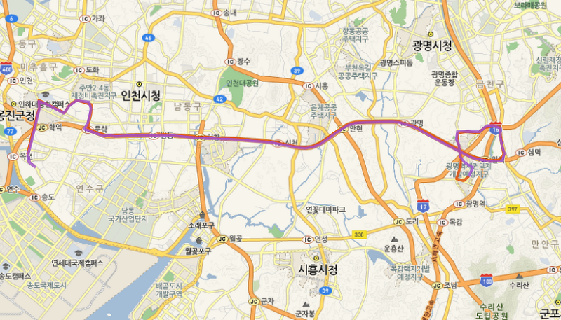 인천 3001번버스시간표, 노선 안내 KTX 광명역<-석수역->인하대역