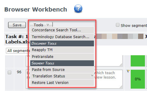 SDL WorldServer Browser Workbench에서 이용 가능한 메뉴