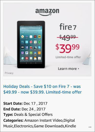 아마존 파이어 태블릿 Fire 7, Fire HD 8 특가할인 정보, 마감기한 '크리스마스 이브' 특가전