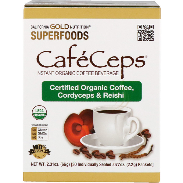 아이허브 면역력 버섯영양제 California Gold Nutrition CafeCeps 동충하초와 영지버섯 분말을 함유한 유기농 인증 인스턴트 커피 30패킷 후기