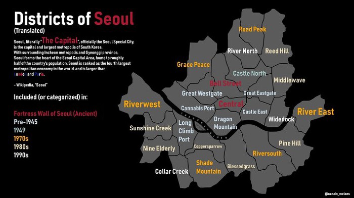 서울은 구가 몇개일까? 서울의 각 지역명을 영어로 표기하면? 판타지풍의 서울 지명 영어화