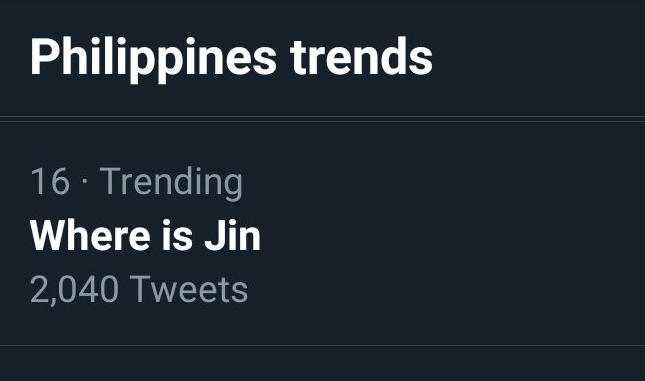방탄소년단 진 | 190916 Where is Jin Trended on Philippines Twitter 좋구만