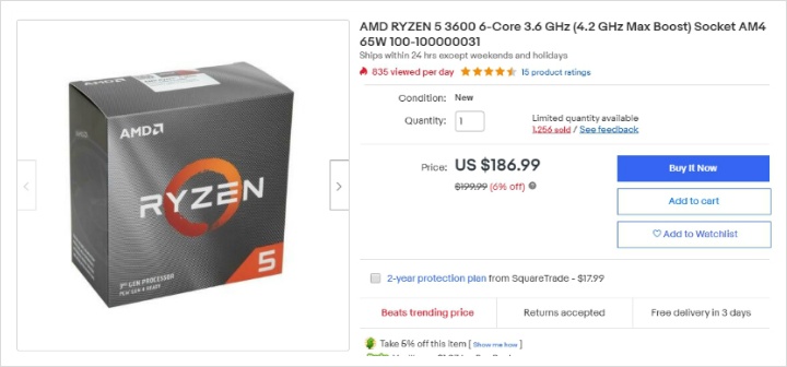 AMD 라이젠 3600 6-Core 3.6 GHz 177.64불 이베이욧!