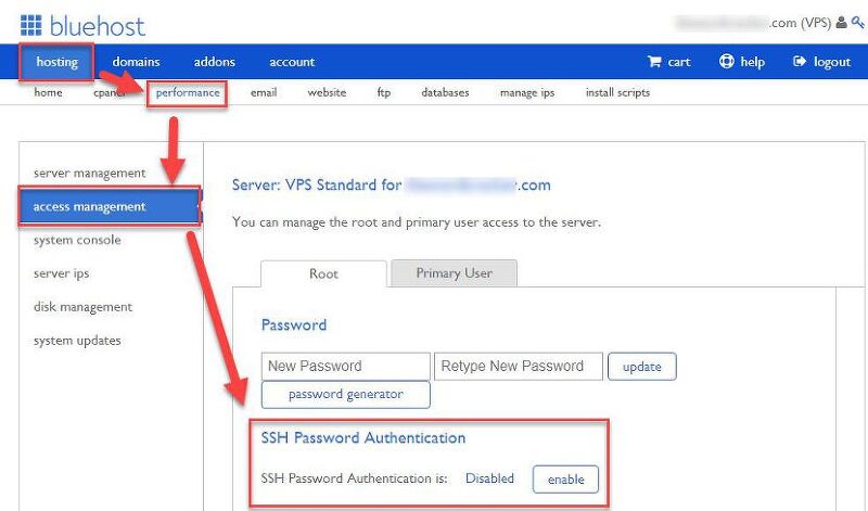 해외호스팅 Bluehost VPS에서 SSH에 접속하지 못하도록 설정하기
