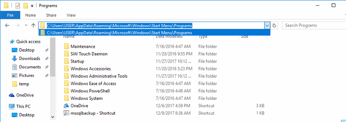Window 10 Start menu 에 프로그램 링크 넣기