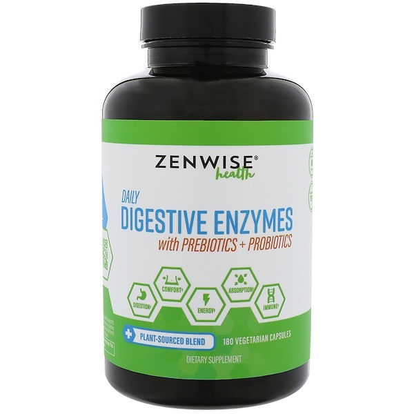 아이허브 프로바이오틱스 추천 Zenwise Health, 일일 소화 효소, 프리바이오틱스 + 프로바이오틱스 함유, 채식주의 캡슐 180정 후기와 정보