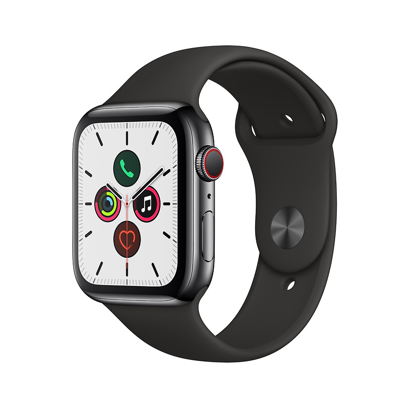 최저가 오늘만 이가격 Apple 애플워치5 GPS + 셀룰러 44mm 스포츠밴드 + 스테인리스스틸 케이스, 스페이스 블랙(MWWK2KH/A), 블랙(밴드)