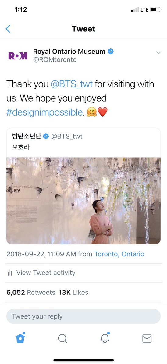 [소식] 로열 온타리오 박물관(Royal Ontario Museum) 트윗.. BTS 팬은 k-pop 티켓을 제시하면 #DesignImpossible 을 20% 할인 제공