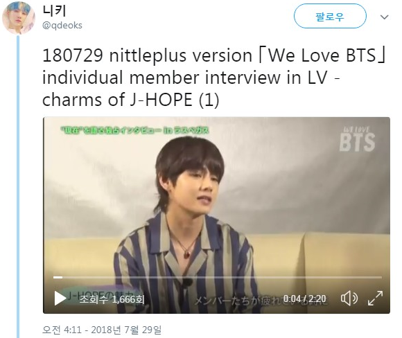 [영상] 일본방송 하나80729 nittleplus version ｢We Love BTS｣ LV 멤버 개인별 인터뷰-제이홉(J-HOPE)의 매력..... 방탄소년단
