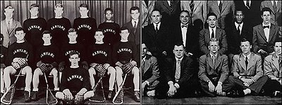 At left: Lucien Alexis (second from top right) with the varsity lacrosse team in 1941. Coach Dick Snibbe is at top left. At right: Drue King (second from top right) with the Glee Club. Director G. Wallace Woodworth is third from top left.