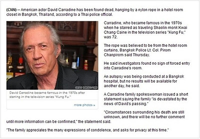 쿵푸 킬빌 데이비드 캐러딘 사망 CNN