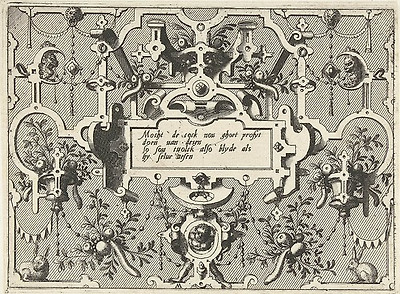 Cartouche met grotesken, middenonder staat een kindtitel