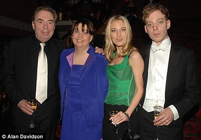 Imogen and Nicholas Lloyd Webber are pictured with their parents- Sarah Hugill and Sir Andrew Lloyd Webber at the wedding reception of Nicholas and new wife Charlotte Windmill at the Theatre Royal on London's Drury Lane