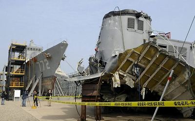 Deadly sinking: The wreckage of the naval vessel Cheonan which was sunk on March 26 near the maritime border with North Korea, at the Second Fleet Command's naval base 