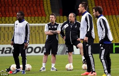 Preparation: Benitez looks on in training, with his side leading 1-0 from the first leg