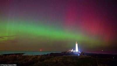 The Northern lights at St Mary's lighthouse, Whitley Bay. This display lasted over an hour and was one of the most vibrant seen this far south in the UK