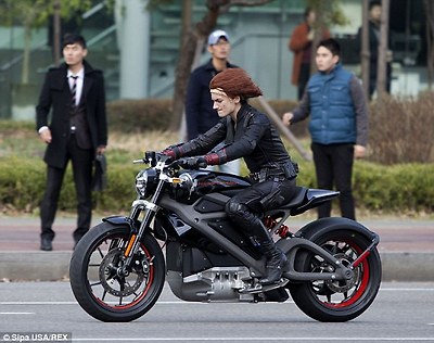 The bike was first spotted earlier this week on the set of the new Avengers movie and has now been confirmed by Harley. Here a stunt double for Scarlett Johansson is seen riding the e-bike during filming for Avengers: Age of Ultron at the World Cup Sangam Digital Media City Expressway in Seoul, South Korea