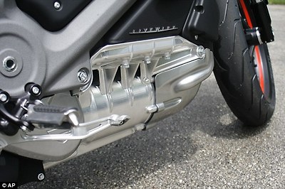 The bike boasts an all-electric engine (shown) that can accelerate from 0-60 mph (0-95 kph) in four seconds. A lightweight aluminium frame surrounds the battery to keep the weight of the bike down and enable it to reach high speeds and have a decent range before needing to be charged