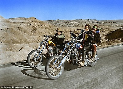 American actor Peter Fonda with actor, director and screenwriter Dennis Hopper on the set of his movie Easy Rider in 1969