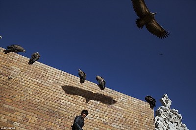 Relatives and onlookers gather for the funerary practice, in which bodies of deceased people are chopped up and fed to vultures